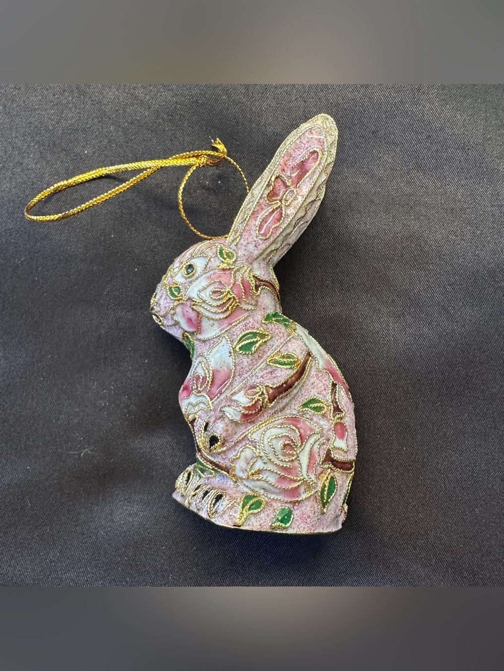Vintage Cloisonne Enamel Easter Bunny Rabbit Boxed Christmas Ornament Floral